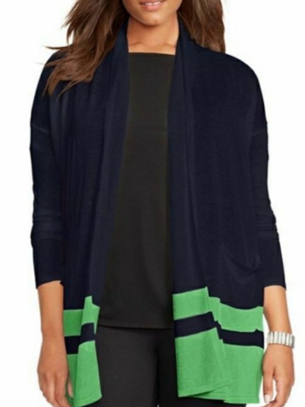 NWT Lauren Ralph Lauren Linen Blend Colorblock Open Cardigan Medium Semi‎ Sheer